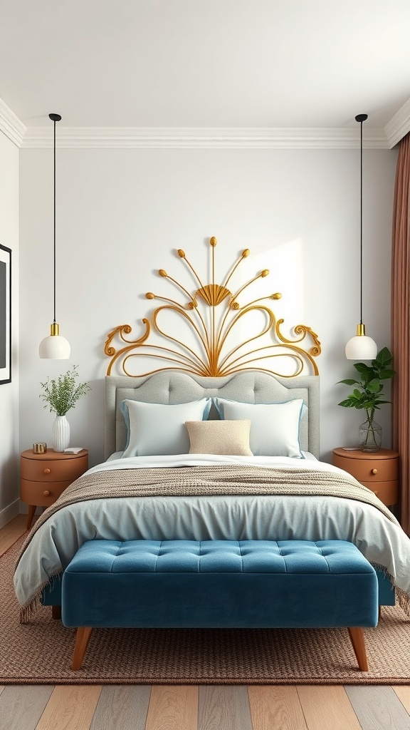 Artistic headboard design in a small bedroom with soft colors and stylish decor.
