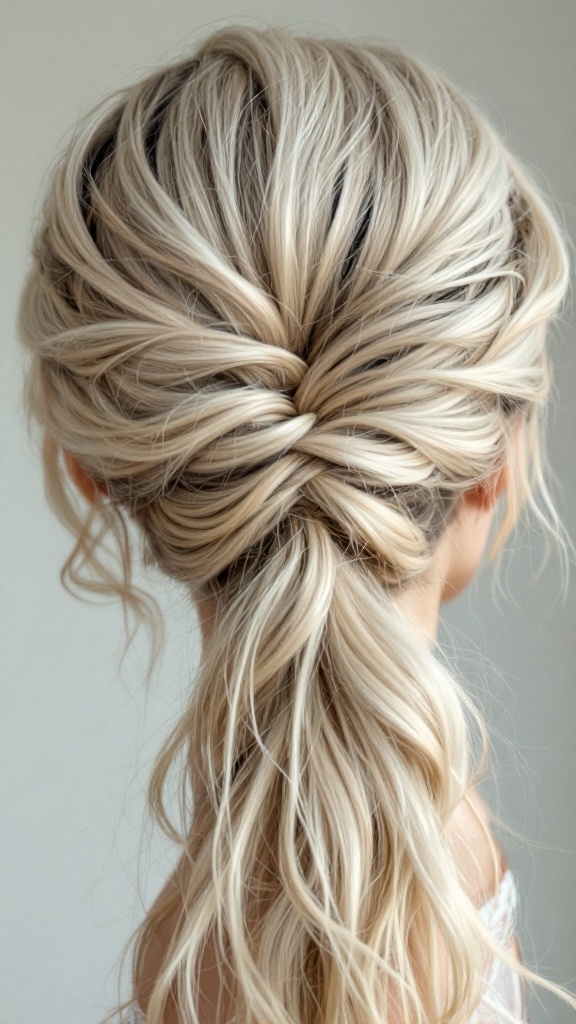 A woman with half up, half down wedding hair featuring an artistic knot and wispy strands.