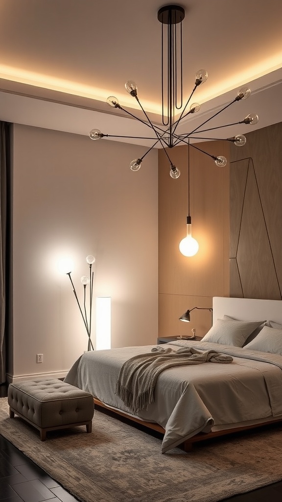 A modern bedroom with artistic light sculptures, including a unique chandelier and floor lamps.