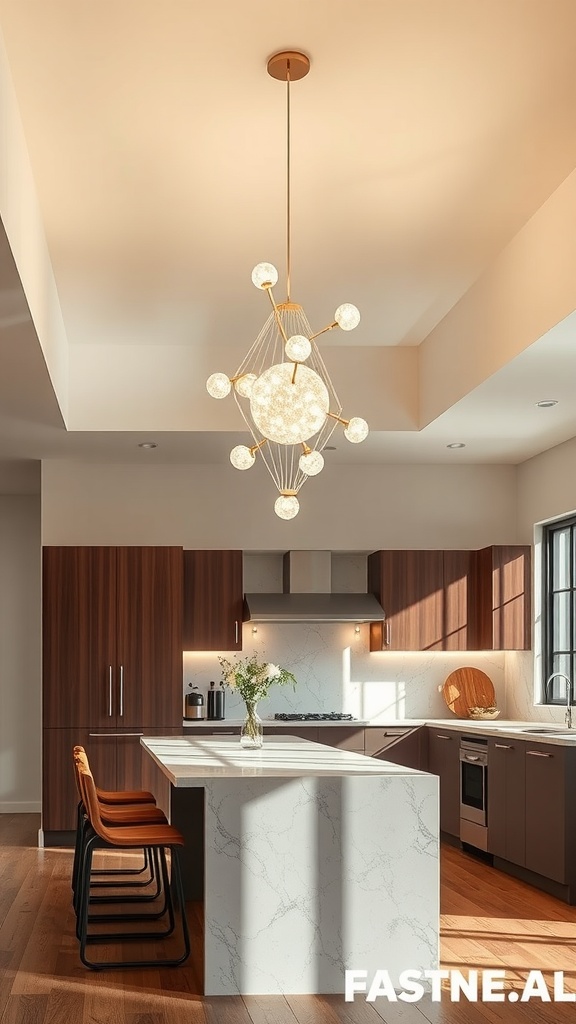 A modern artistic chandelier over a kitchen island in a stylish kitchen