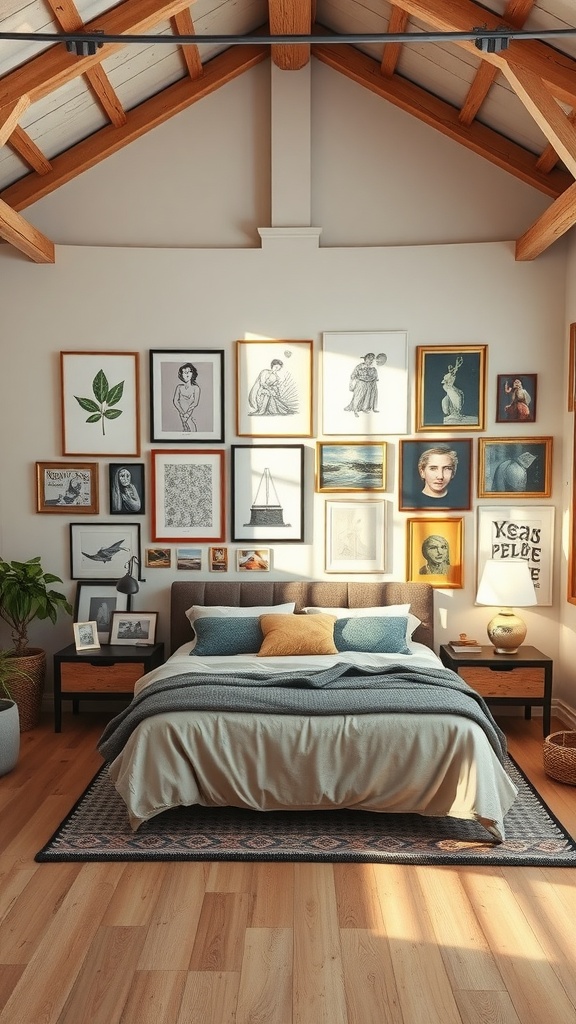Cozy loft bedroom featuring a gallery wall of framed art, wooden beams, and a stylish bed.