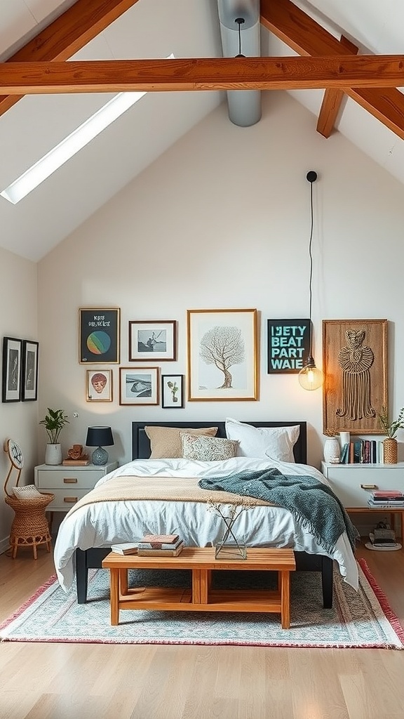 A stylish loft bedroom featuring high ceilings, wooden beams, and a mix of wall art.