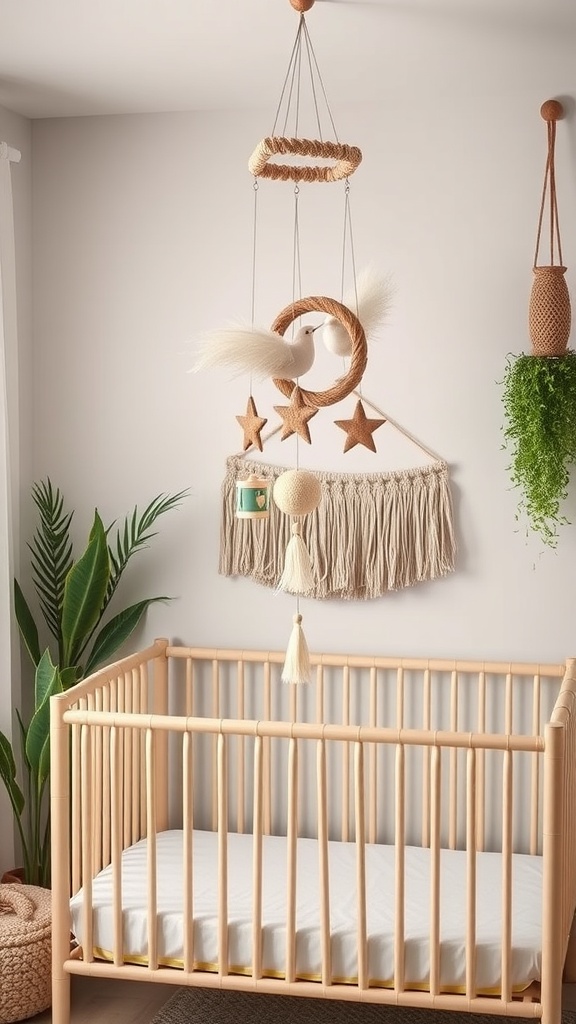 A bohemian-style nursery featuring a natural mobile with stars, a bird, and soft textures hanging above a wooden crib.