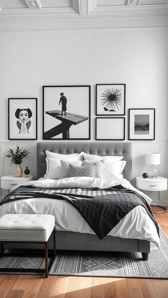 A monochrome bedroom featuring a gray bed, black and white artwork on the walls, and a cozy atmosphere.