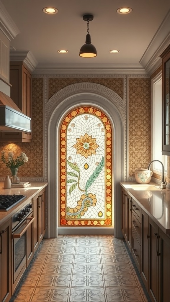 A kitchen with a mosaic pass through featuring a floral design in warm tones