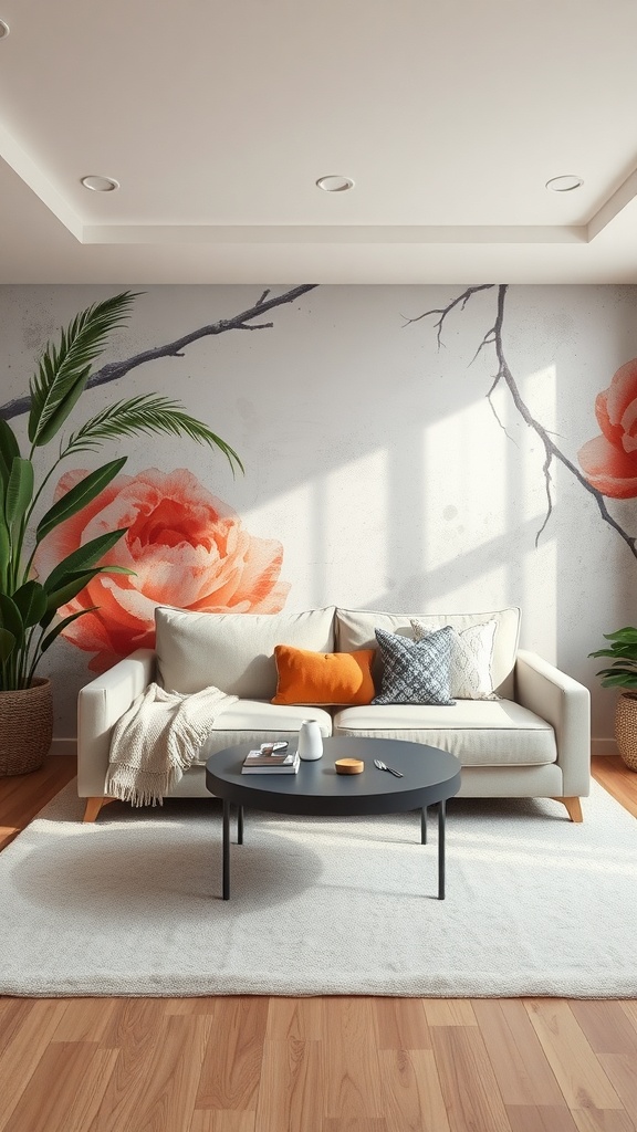 A living room with a large floral mural on the wall, featuring a cozy sofa and coffee table.