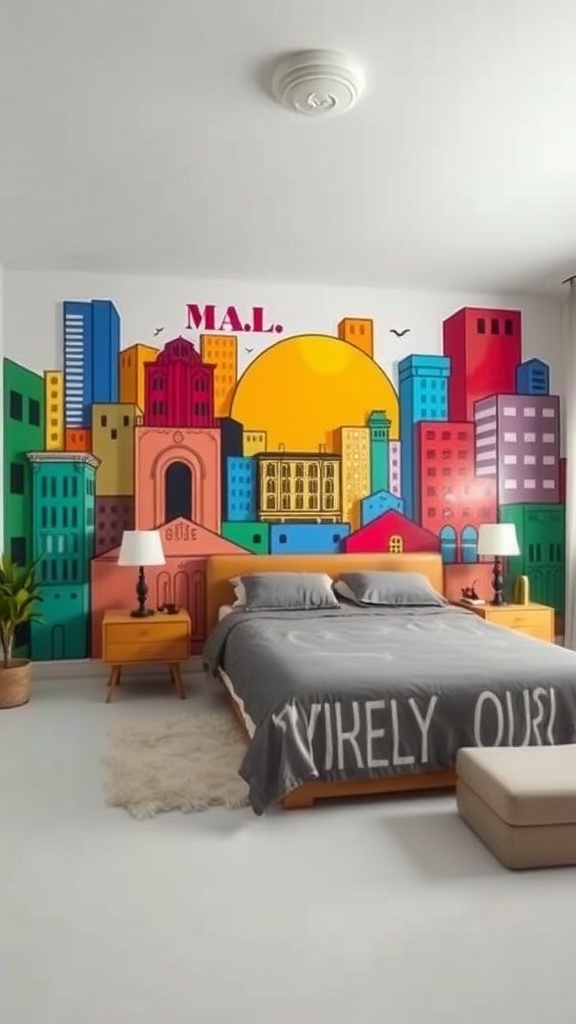 Colorful mural featuring buildings and a sun in a modern bedroom
