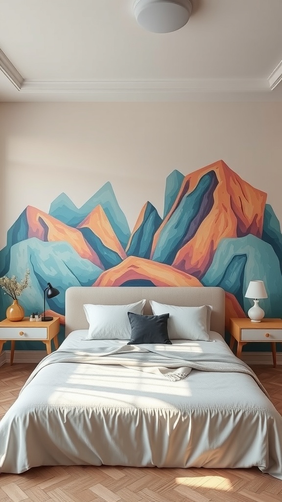 A bedroom featuring a colorful mountain mural on the wall, with a bed and nightstands.