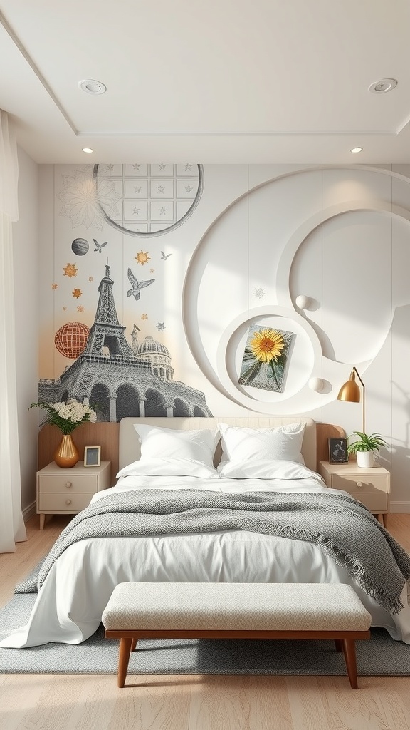 A bedroom with a 3D wall mural featuring the Eiffel Tower and celestial designs, complemented by cozy bedding and wooden furniture.