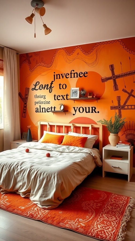 A cozy bedroom with a burnt orange mural featuring artistic text, soft bedding, and a warm rug.
