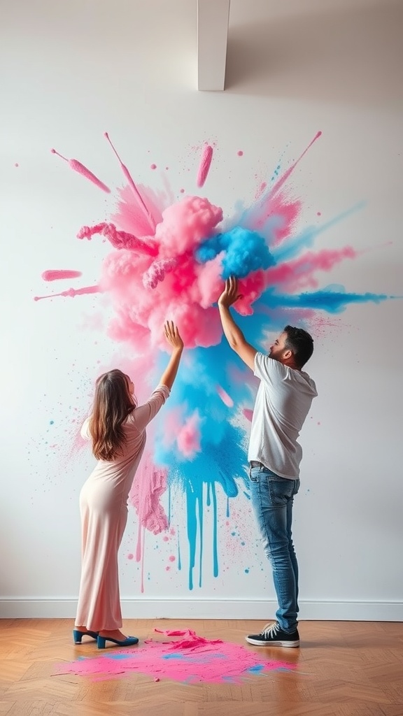 Couple participating in an artistic paint reveal, with pink and blue powder exploding around them