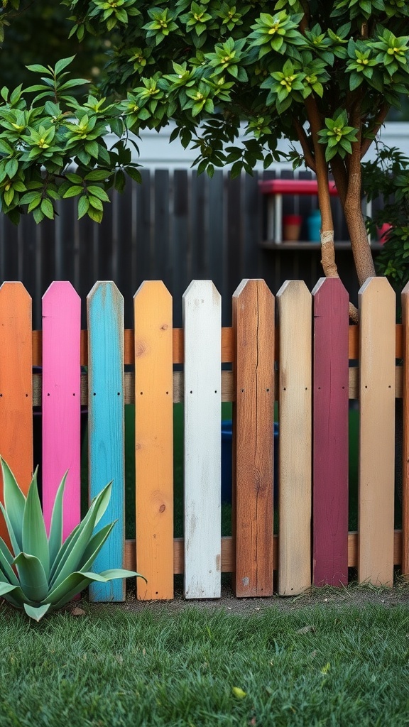 Colorful artistic pallet fence with various shades and greenery