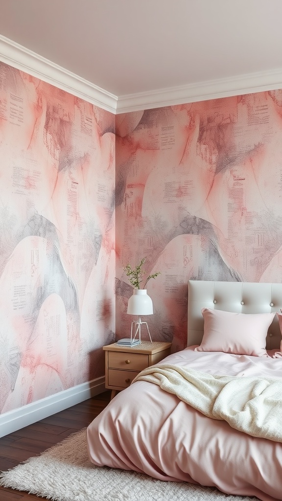 A pink and grey themed bedroom with artistic wallpaper, showcasing soft pink bedding and a bedside table.