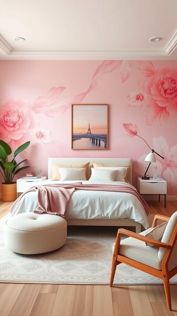 A pink living room featuring a floral mural, a cozy bed, and modern furniture.