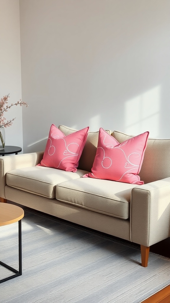 Two artistic pink throw pillows on a beige sofa with a small table and a flower vase