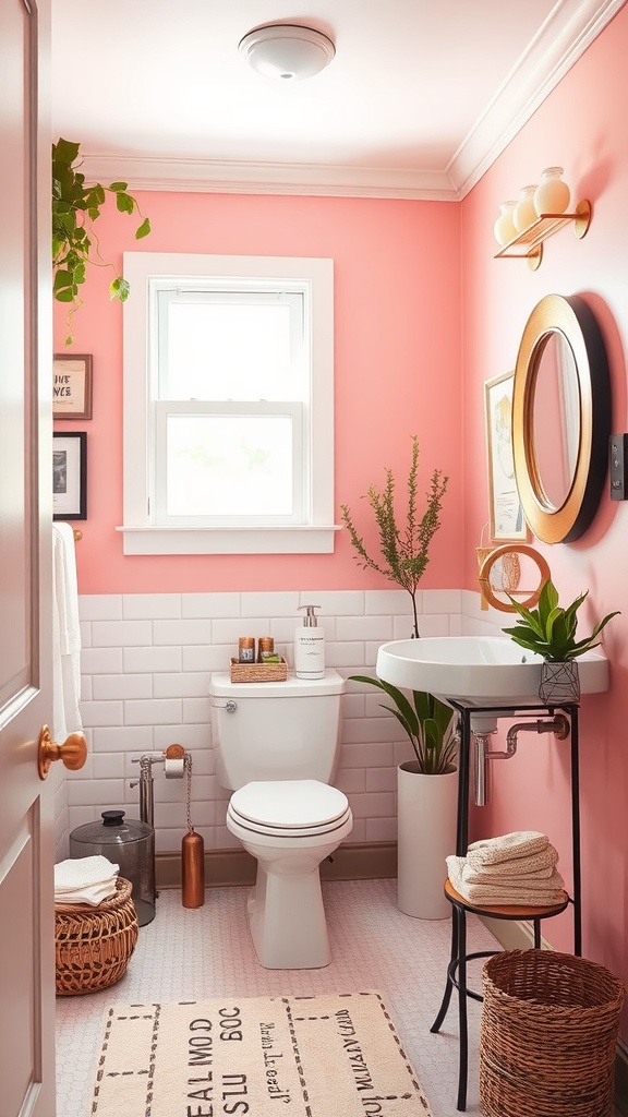 A beautifully designed bathroom featuring pink wall paint, white trim, a window, and plants.
