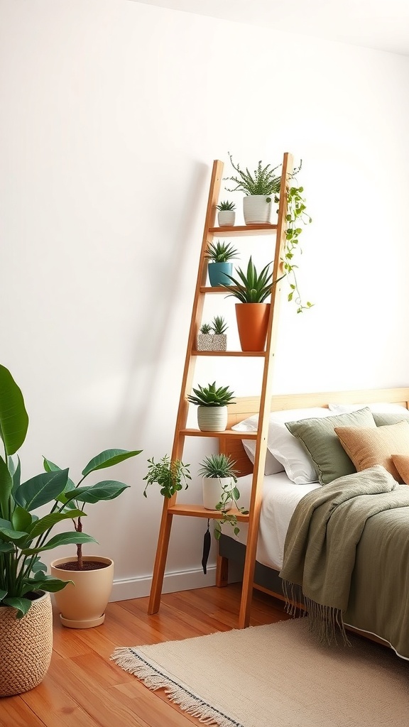 Wooden ladder used as a plant stand with various potted plants