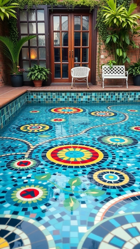 Colorful mosaic design on a swimming pool floor with circular patterns in red, yellow, and blue