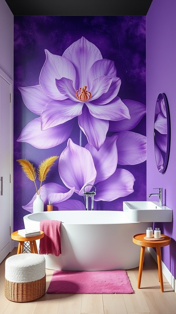 A purple bathroom featuring a large floral mural, a modern bathtub, and stylish decor.