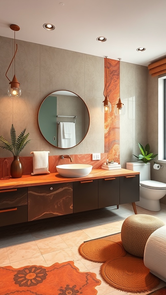 A modern bathroom featuring a resin countertop with warm tones, dark cabinetry, and stylish lighting.