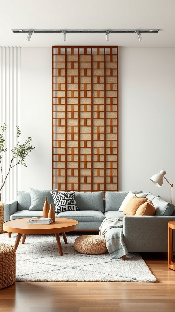 A cozy living room featuring a wooden room divider with a geometric pattern, a blue sofa, and a round coffee table.