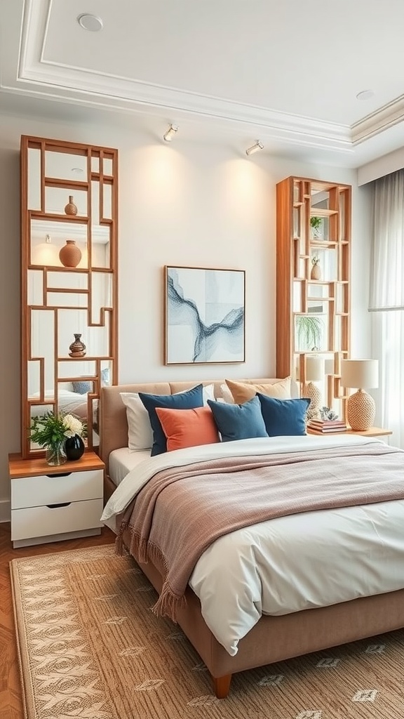 A stylish bedroom featuring artistic room dividers with storage for decor.