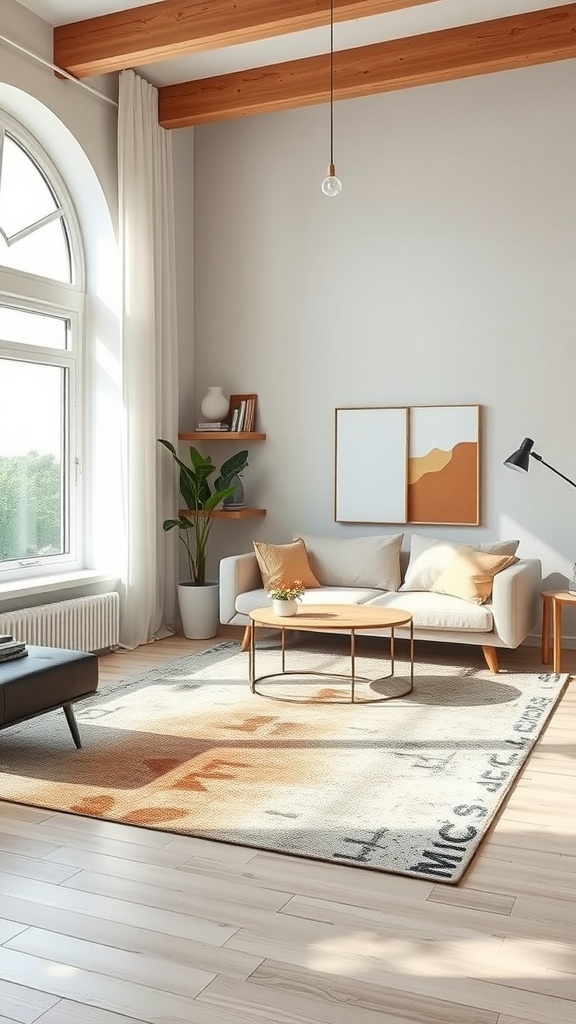 A spacious living room featuring a stylish artistic rug, modern furniture, and large windows.