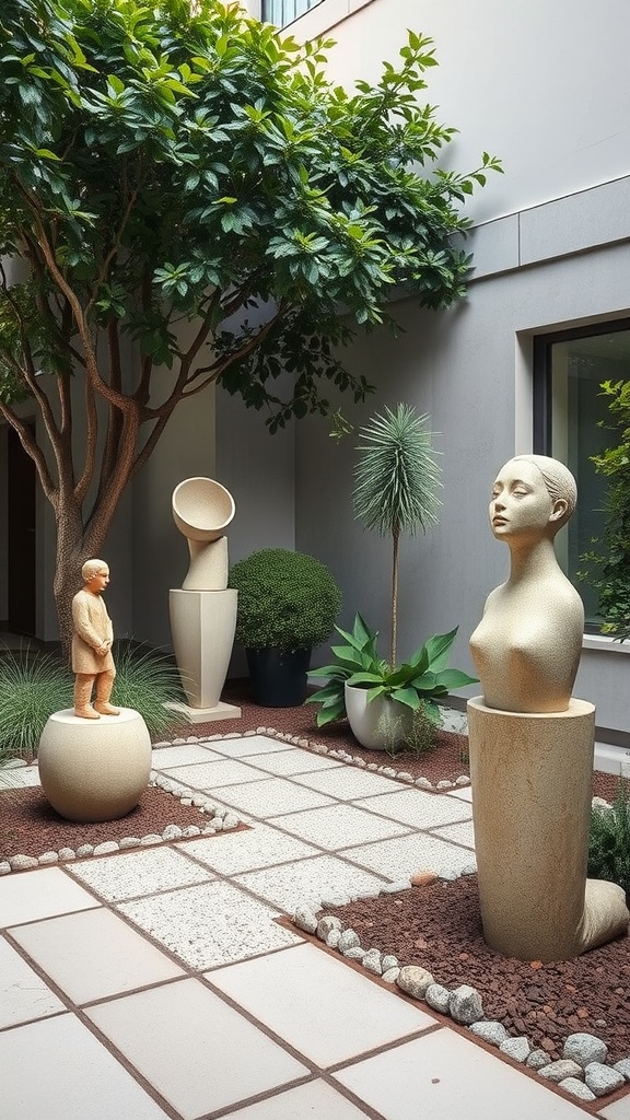 A modern minimalist courtyard garden with artistic sculptures, including a bust and a small figure, surrounded by lush greenery and geometric paving.