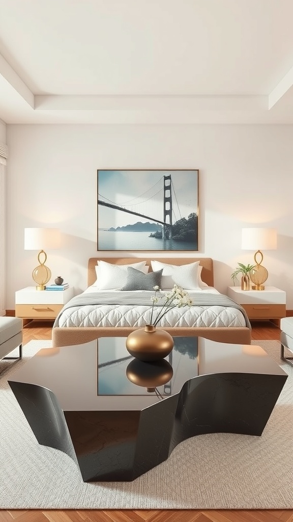 A modern living room featuring a sculptural black table with a unique design, surrounded by a cozy bed and elegant decor.