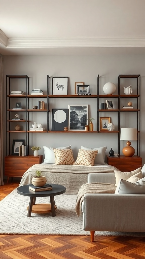 Stylish living room with artistic shelving, featuring books, decorative items, and framed art.