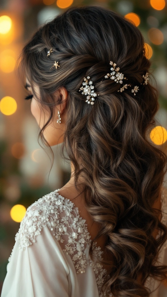 Side-swept waves with sparkling hair accessories
