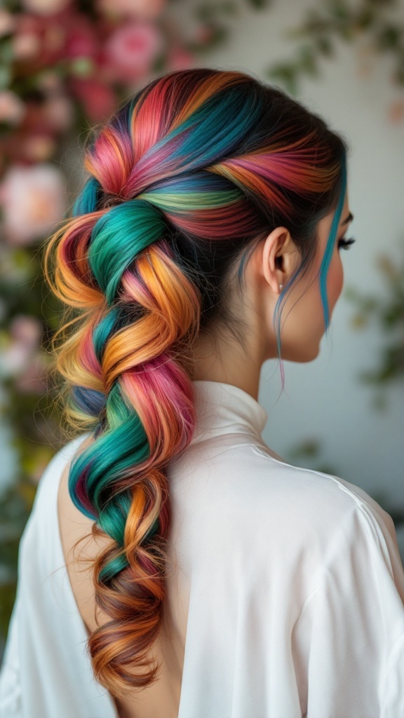 A colorful side ponytail hairstyle featuring bright shades of blue, green, orange, and pink, styled elegantly.
