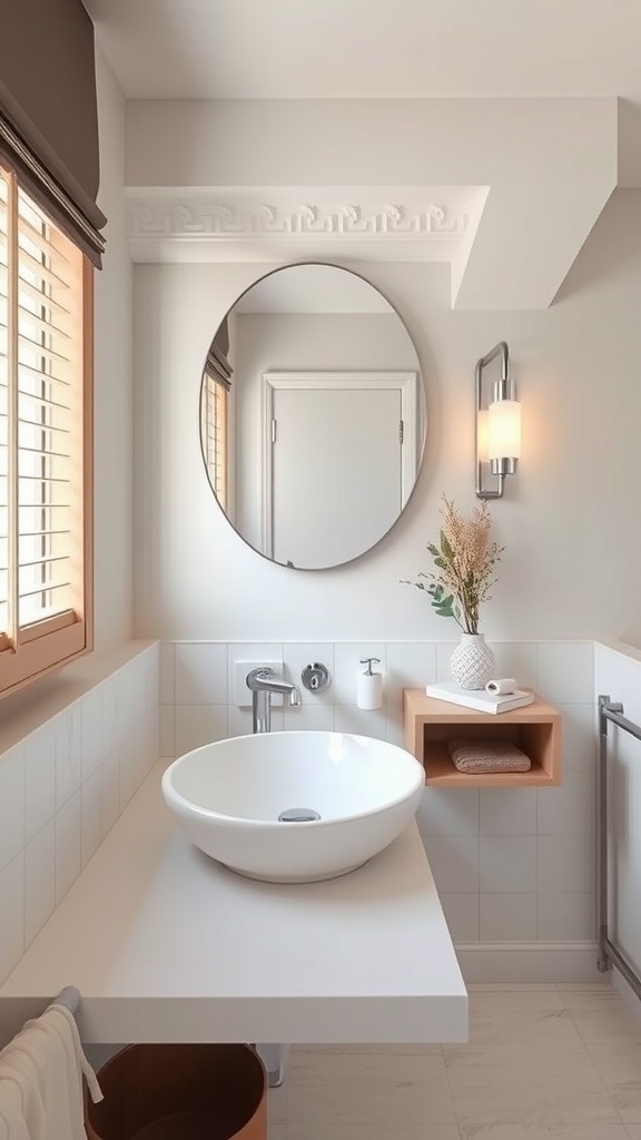 A stylish bathroom featuring a round sink on a minimalist countertop, wooden accents, and a round mirror.