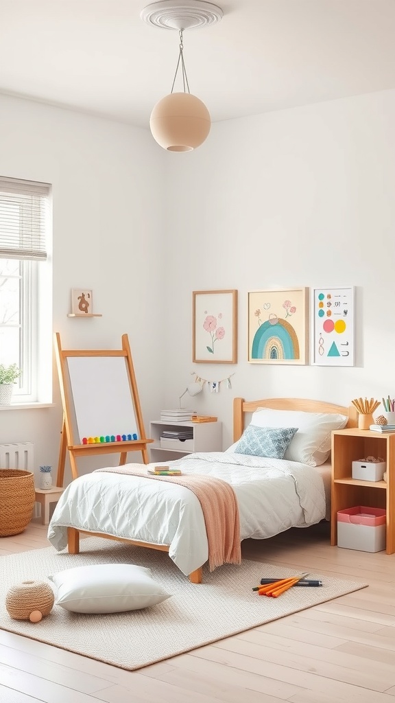 A bright and inviting kindergarten bedroom with a cozy bed, easel, and colorful art supplies.