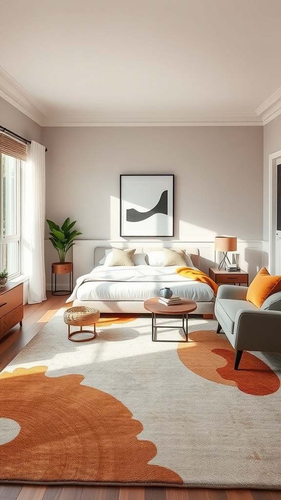 A living room with a large artistic rug featuring abstract orange and cream shapes, complemented by modern furniture.