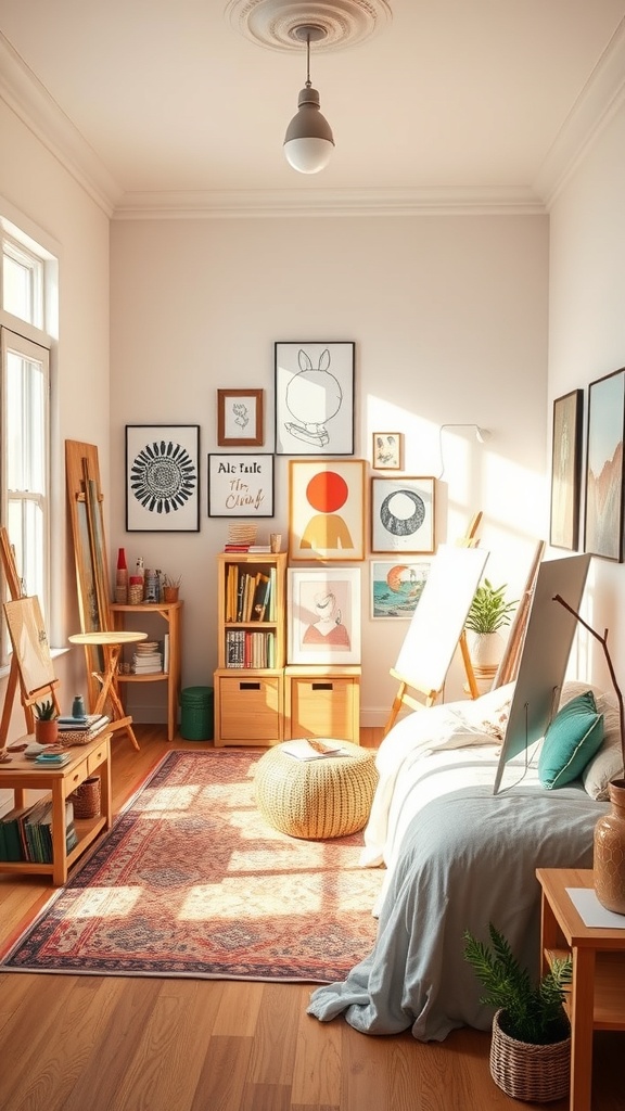 A bright and cozy artistic bedroom for young boys with easels, art supplies, and colorful decor.