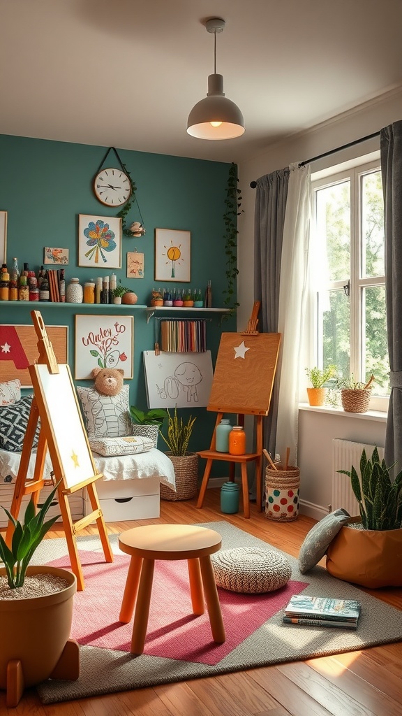 Kids bedroom with artistic studio space, featuring easels, art supplies, and bright decor.