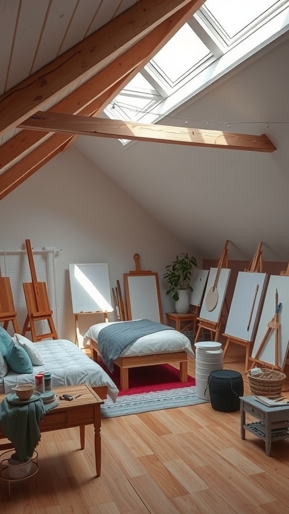 A bright attic studio with easels, a bed, and wooden beams.