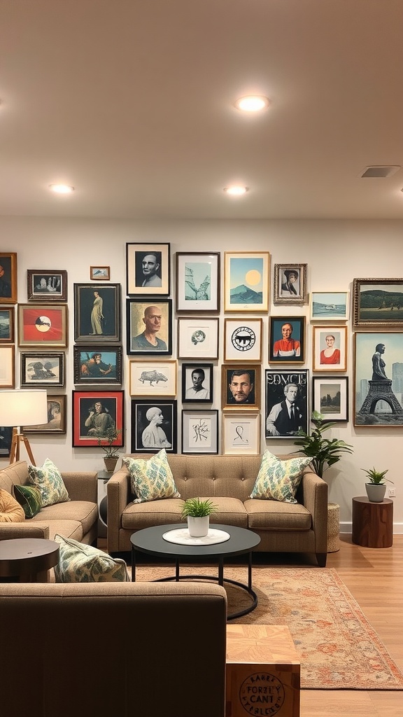 A cozy basement living room featuring a gallery wall with various framed artworks, two comfortable sofas, and stylish decor.