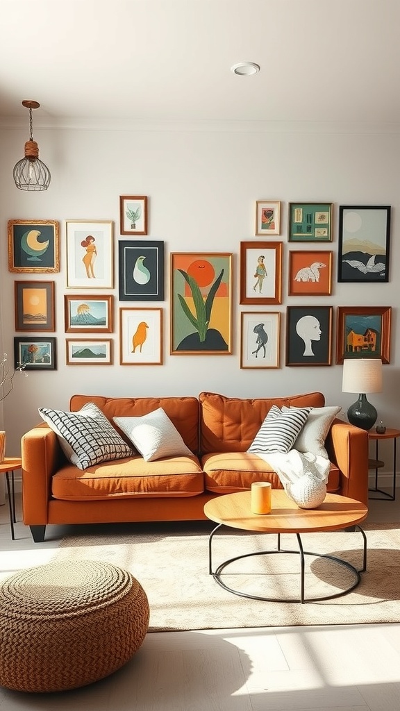 A cozy living room featuring a brown sofa and a colorful gallery wall filled with framed art.