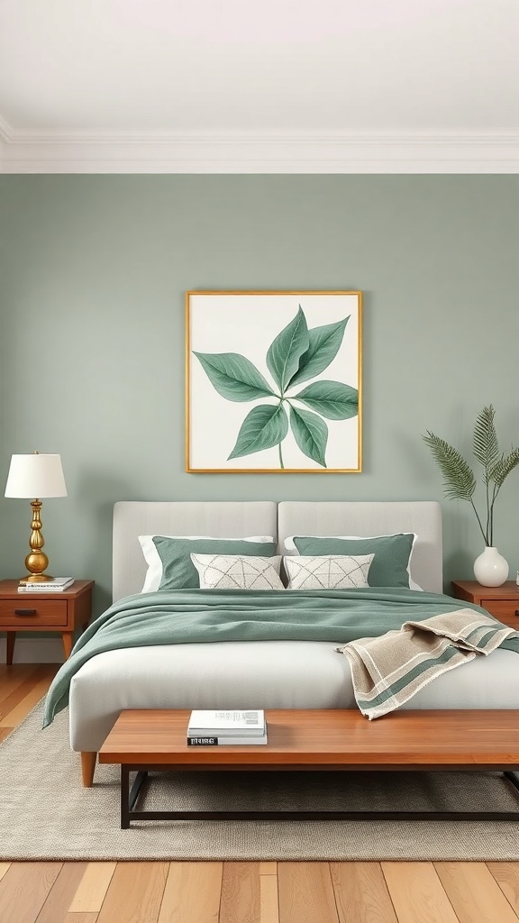 A stylish living room with sage green walls, featuring a large leaf wall art, a cozy bed, and warm wooden furniture.