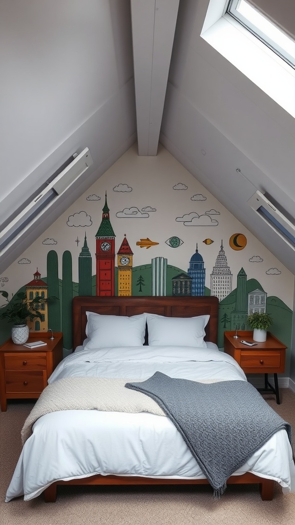 An attic bedroom featuring a custom mural with iconic buildings and colorful elements on the sloped wall.