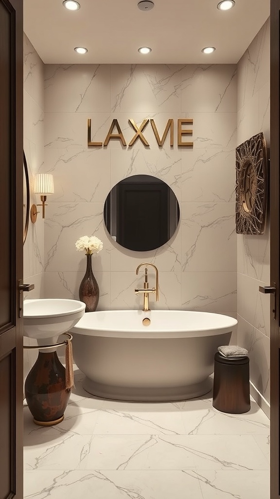 Luxury bathroom decorated with modern art and elegant fixtures.