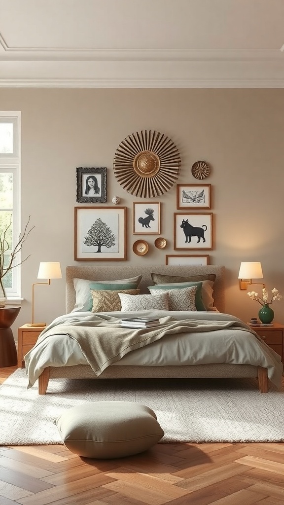 A cozy greige bedroom featuring a bed with textured bedding, framed black-and-white artwork on the walls, and warm lighting.