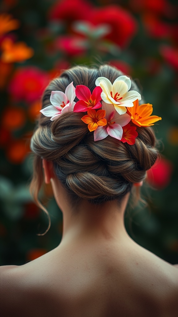 A woman with a braided updo adorned with colorful flowers, set against a blurred floral background.