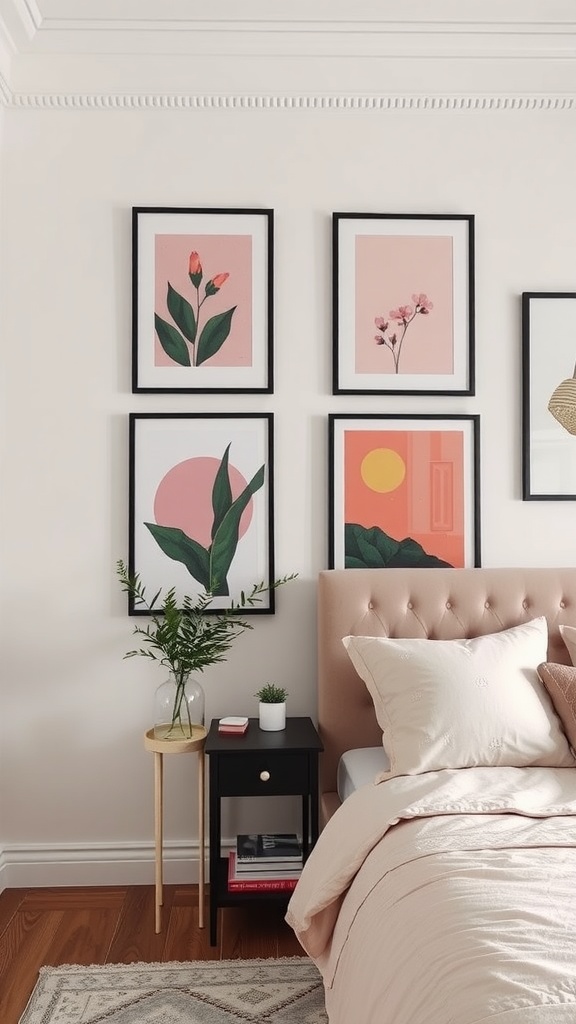 Artistic wall art displays in a pink and black bedroom with framed floral and geometric prints.