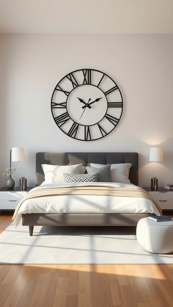 A modern artistic wall clock above a bed in a stylish bedroom.