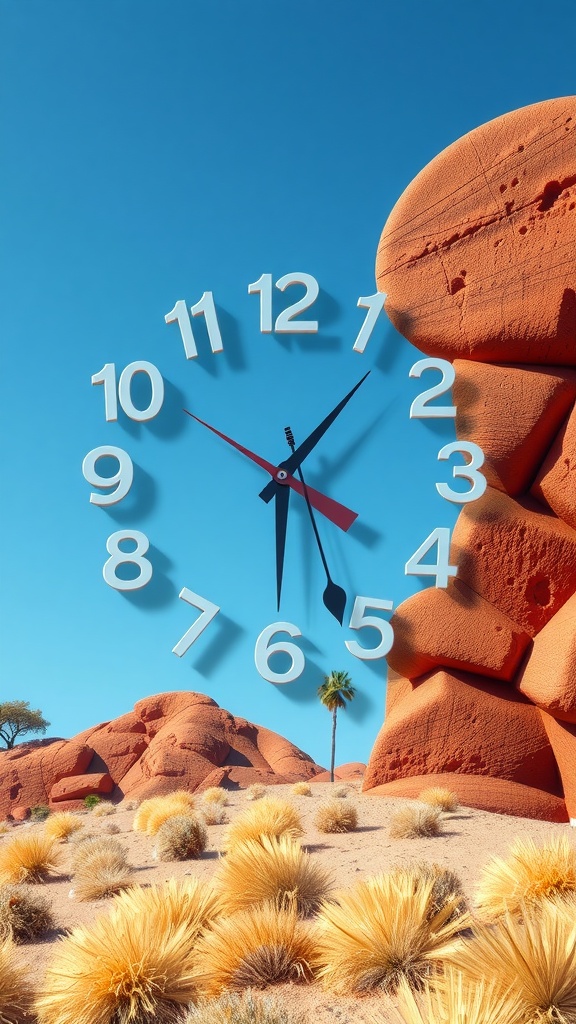 A large artistic wall clock integrated with a desert landscape featuring red rocks and clear blue sky.