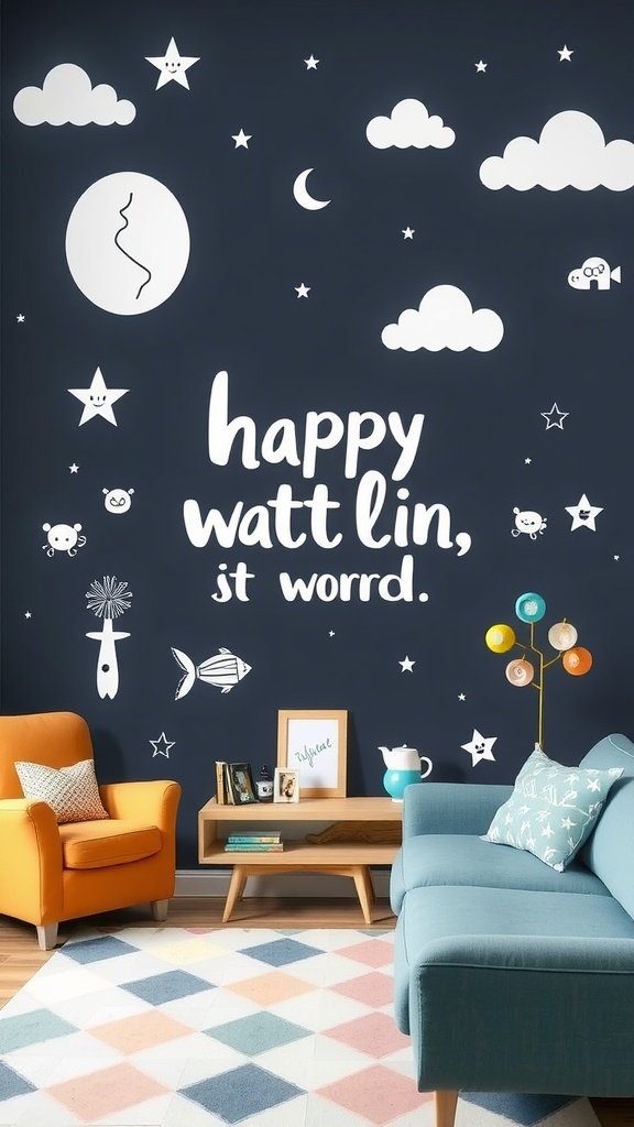 A living room with artistic wall decals featuring stars, clouds, and playful text on a dark blue wall.