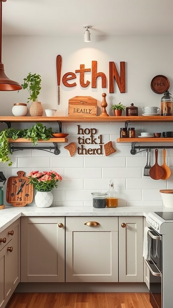 Decorative wooden letters on a kitchen wall with plants and kitchenware